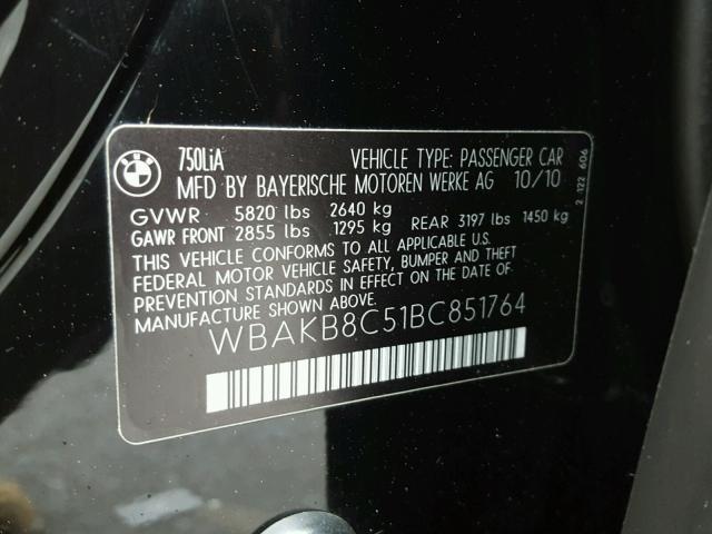 WBAKB8C51BC851764 - 2011 BMW 750LI BLACK photo 10