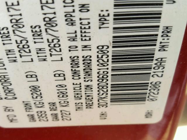 3D7KS28D96G102509 - 2006 DODGE RAM 2500 S BURGUNDY photo 10