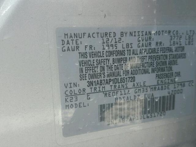 3N1AB7AP1DL651720 - 2013 NISSAN SENTRA S SILVER photo 10