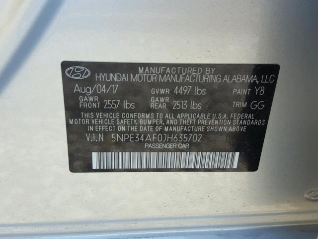 5NPE34AF0JH635702 - 2018 HYUNDAI SONATA SPO SILVER photo 10