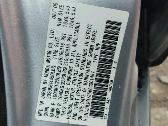 JHLRD78566C001457 - 2006 HONDA CR-V LX GRAY photo 10