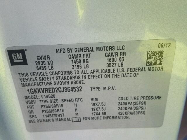 1GKKVRED2CJ364532 - 2012 GMC ACADIA SLT ვერცხლისფერი ფოტო 10