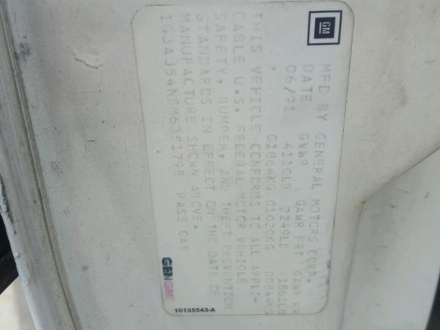 1G3AJ54N5M6351798 - 1991 OLDSMOBILE CUTLASS CI WHITE photo 10