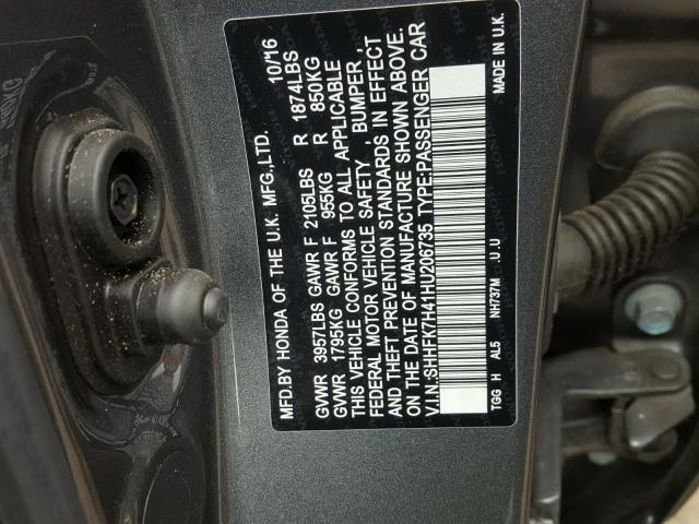 SHHFK7H41HU206735 - 2017 HONDA CIVIC SPOR GRAY photo 10