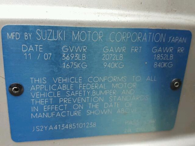 JS2YA413485101238 - 2008 SUZUKI SX4 SILVER photo 10