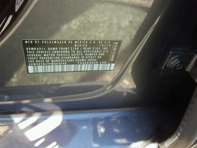 3VW2K7AJ7FM243049 - 2015 VOLKSWAGEN JETTA BASE 灰色 照片 10