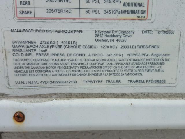 4YDT2452986412139 - 2008 KEYSTONE PASSPORT WHITE photo 10