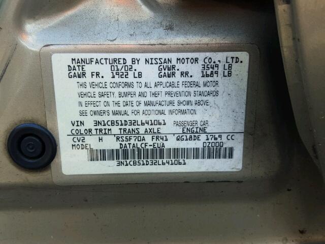 3N1CB51D32L641061 - 2002 NISSAN SENTRA XE TAN photo 10