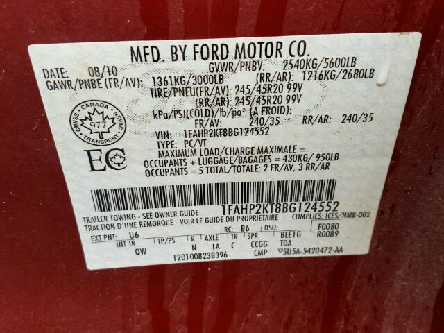 1FAHP2KT8BG124552 - 2011 FORD TAURUS SHO RED photo 10