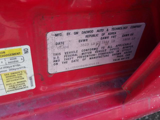 KL1TD56E49B302515 - 2009 CHEVROLET AVEO LS RED photo 10