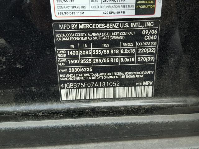 4JGBB75E07A181052 - 2007 MERCEDES-BENZ ML 500 BLACK photo 10