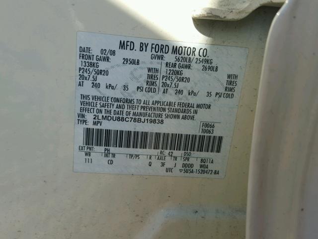 2LMDU88C78BJ19838 - 2008 LINCOLN MKX CREAM photo 10