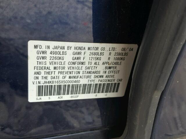 JH4KB165X5C000460 - 2005 ACURA RL ლურჯი ფოტო 10