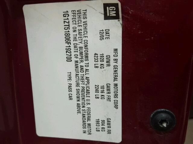 1G1ZT51806F192700 - 2006 CHEVROLET MALIBU LT Qırmızı foto 10