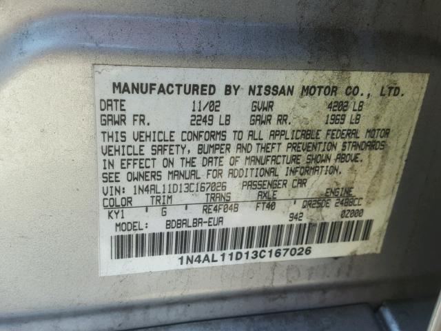 1N4AL11D13C167026 - 2003 NISSAN ALTIMA BAS SILVER photo 10