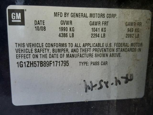 1G1ZH57B89F171795 - 2009 CHEVROLET MALIBU 1LT BLUE photo 10