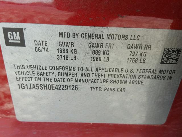 1G1JA5SH0E4229126 - 2014 CHEVROLET SONIC LS RED photo 10