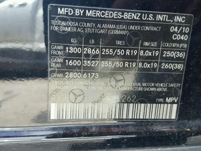 4JGBB5GB0AA612262 - 2010 MERCEDES-BENZ ML 350 BLACK photo 10