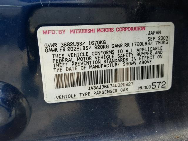 JA3AJ36E74U020927 - 2004 MITSUBISHI LANCER LS BLUE photo 10