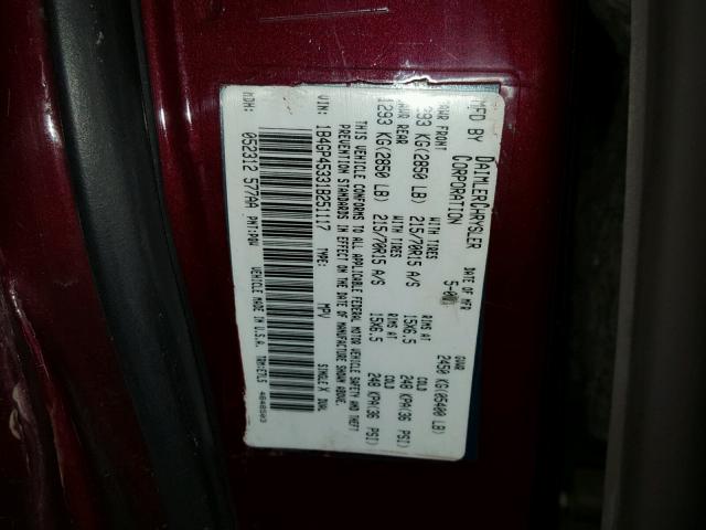 1B4GP45372B549834 - 2002 DODGE CARAVAN SP MAROON photo 10