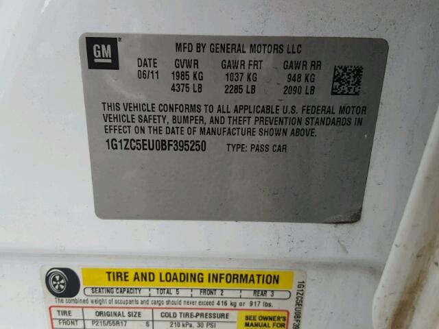 1G1ZC5EU0BF395250 - 2011 CHEVROLET MALIBU 1LT 白色 照片 10