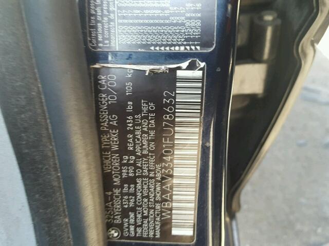 WBAAV33401FU78632 - 2001 BMW 325 I BLUE photo 10