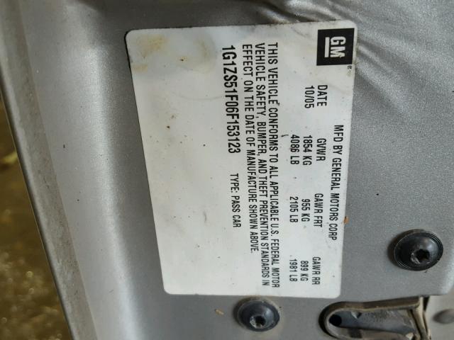 1G1ZS51F06F153123 - 2006 CHEVROLET MALIBU LS 银色 照片 10