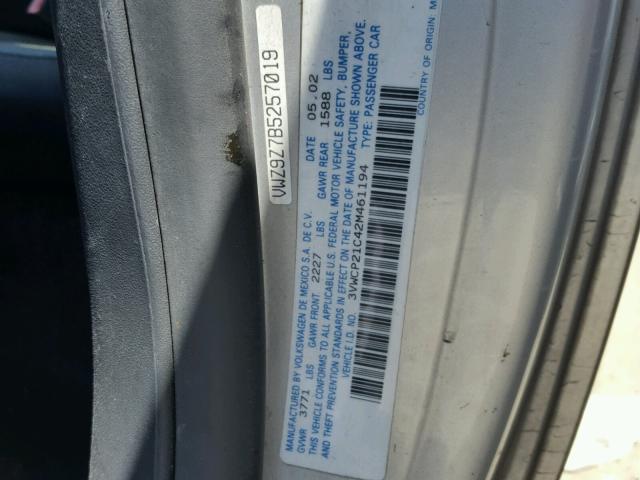 3VWCP21C42M461194 - 2002 VOLKSWAGEN NEW BEETLE 银色 照片 10