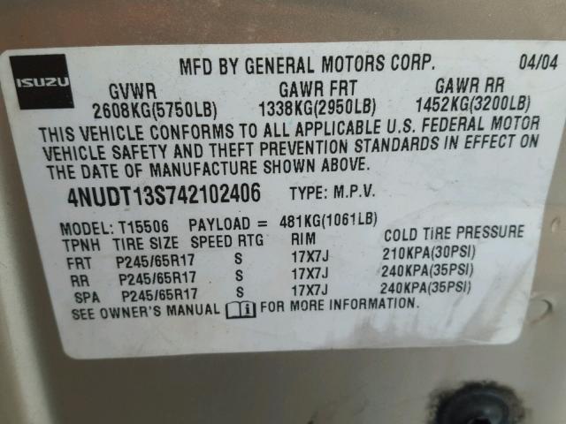 4NUDT13S742102406 - 2004 ISUZU ASCENDER S 棕色 照片 10