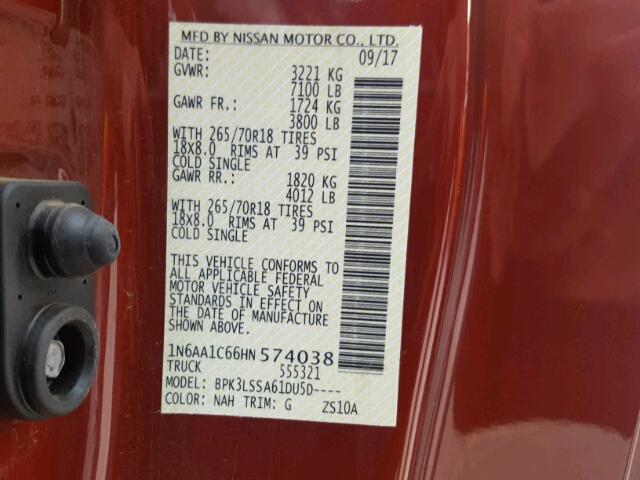 1N6AA1C66HN574038 - 2017 NISSAN TITAN SV RED photo 10