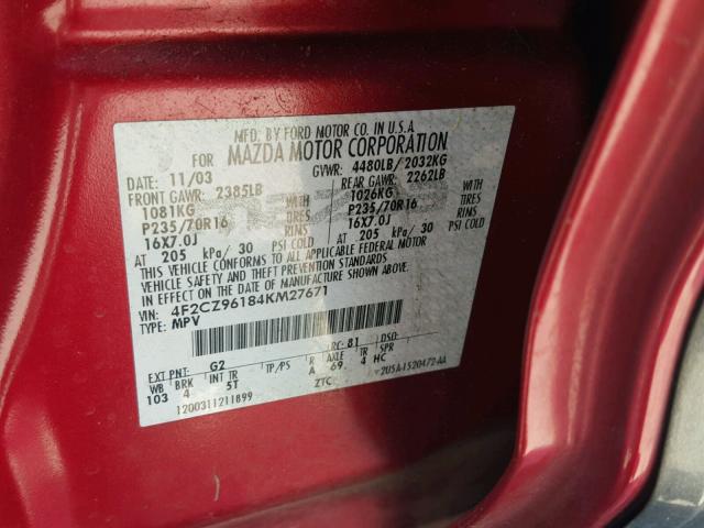 4F2CZ96184KM27671 - 2004 MAZDA TRIBUTE ES 红色 照片 10