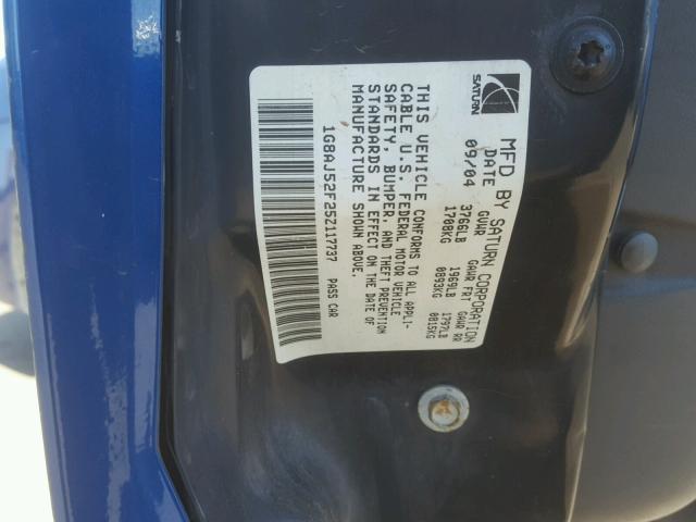 1G8AJ52F25Z117737 - 2005 SATURN ION LEVEL BLUE photo 10