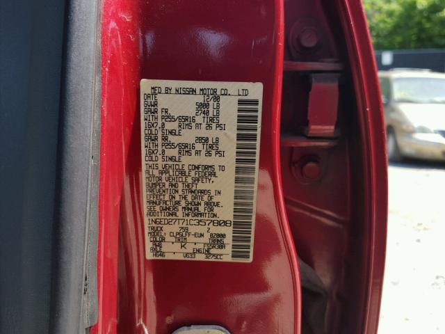 1N6ED27T71C357808 - 2001 NISSAN FRONTIER C RED photo 10