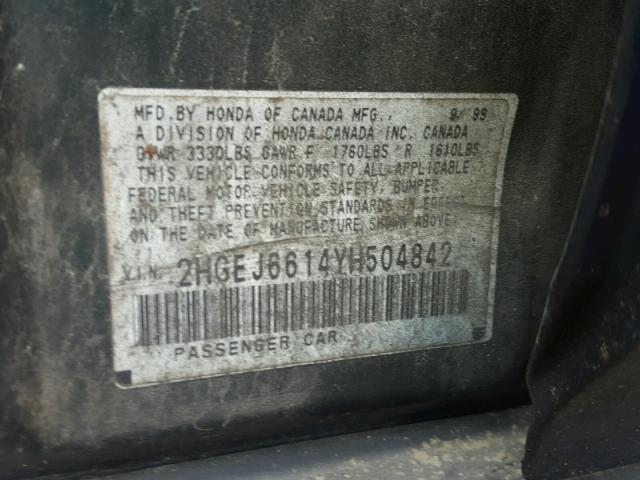 2HGEJ6614YH504842 - 2000 HONDA CIVIC BASE 蓝色 照片 10