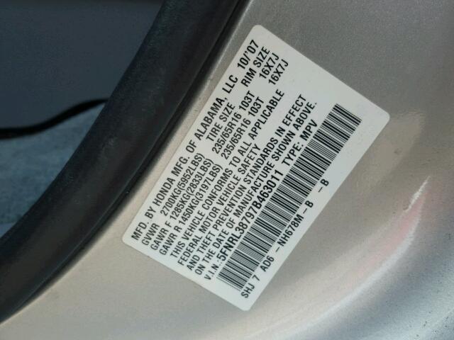 5FNRL38797B463011 - 2007 HONDA ODYSSEY EX SILVER photo 10