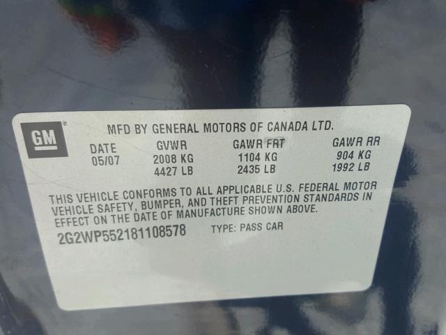 2G2WP552181108578 - 2008 PONTIAC GRAND PRIX BLUE photo 10