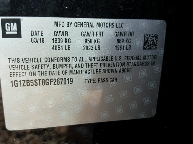 1G1ZB5ST8GF267019 - 2016 CHEVROLET MALIBU LS შავი ფოტო 10