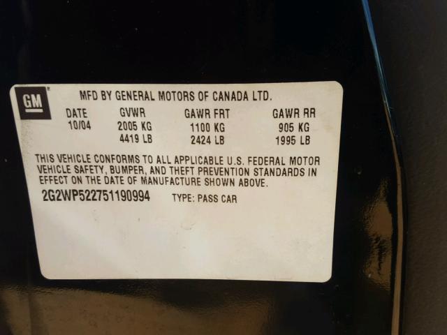 2G2WP522751190994 - 2005 PONTIAC GRAND PRIX BLACK photo 10