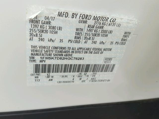 1FM5K7D82HGC76283 - 2017 FORD EXPLORER X WHITE photo 10