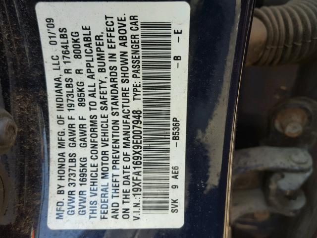 19XFA169X9E007948 - 2009 HONDA CIVIC EXL ლურჯი ფოტო 10