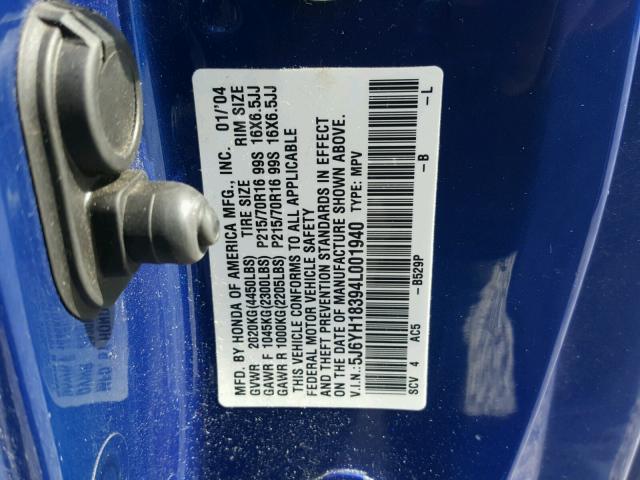 5J6YH18394L001940 - 2004 HONDA ELEMENT LX BLUE photo 10