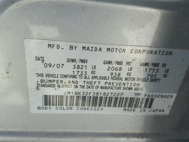 JM1BK32F381827227 - 2008 MAZDA 3 I SILVER photo 10