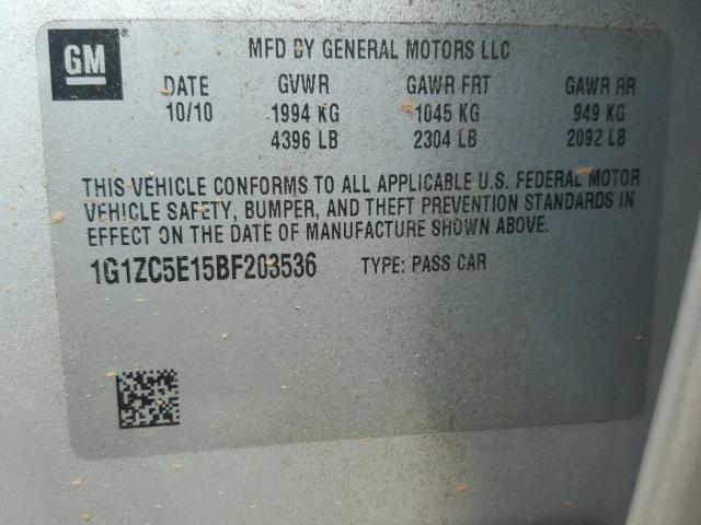 1G1ZC5E15BF203536 - 2011 CHEVROLET MALIBU 1LT SILVER photo 10