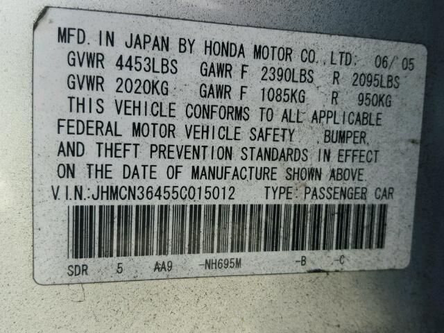 JHMCN36455C015012 - 2005 HONDA ACCORD SILVER photo 10