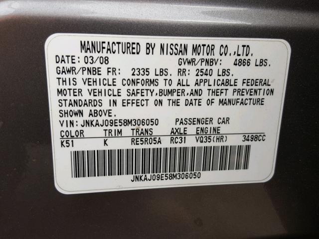 JNKAJ09E58M306050 - 2008 INFINITI EX35 BASE GRAY photo 10