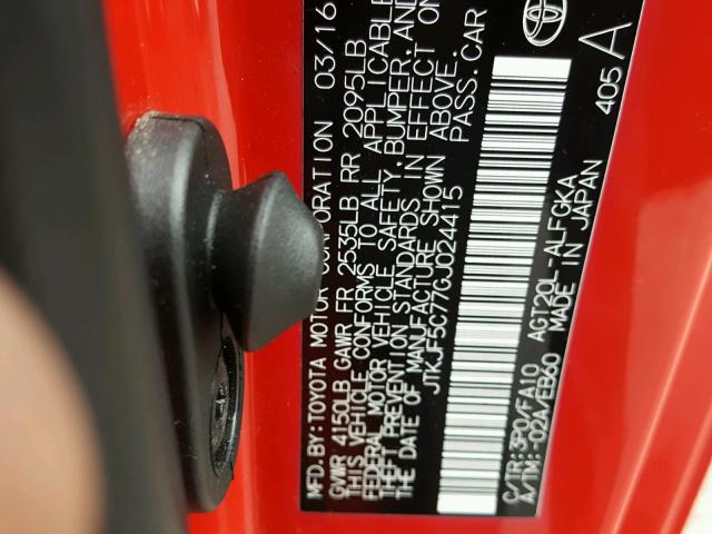 JTKJF5C77GJ024415 - 2016 TOYOTA SCION TC 红色 照片 10