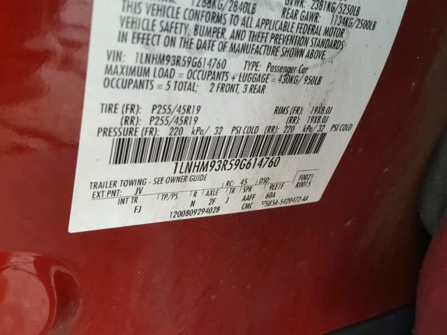 1LNHM93R59G614760 - 2009 LINCOLN MKS BURGUNDY photo 10