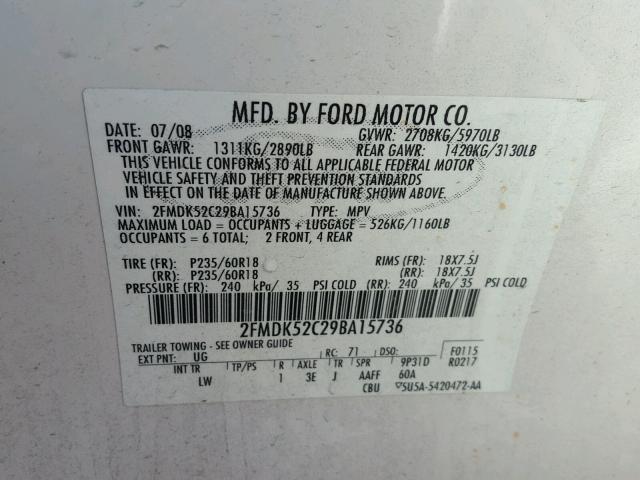 2FMDK52C29BA15736 - 2009 FORD FLEX SEL Սպիտակ լուսանկար 10