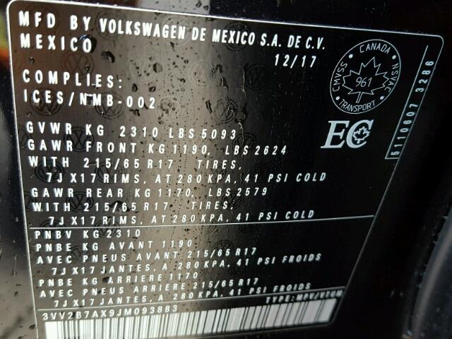 3VV2B7AX9JM093883 - 2018 VOLKSWAGEN TIGUAN SE Schwarz Foto 10