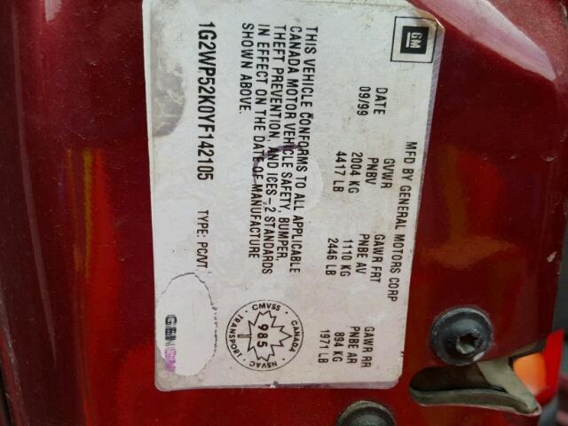 1G2WP52K0YF142105 - 2000 PONTIAC GRAND PRIX RED photo 10